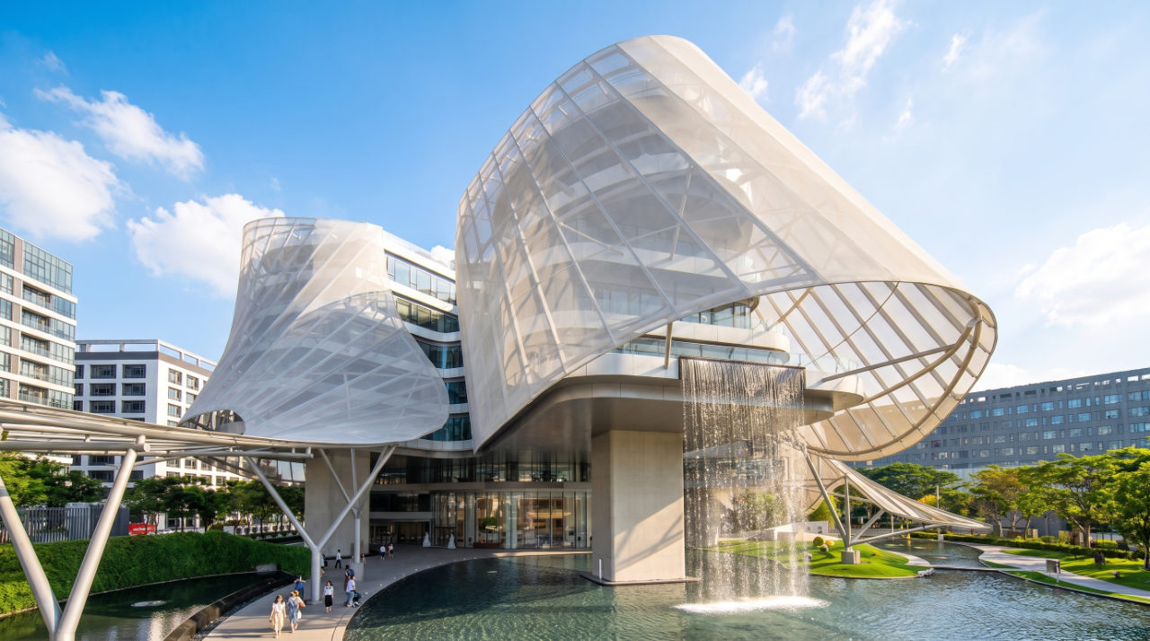 The built Xinhee Design Center, translucent membrane facade, Xiamen.